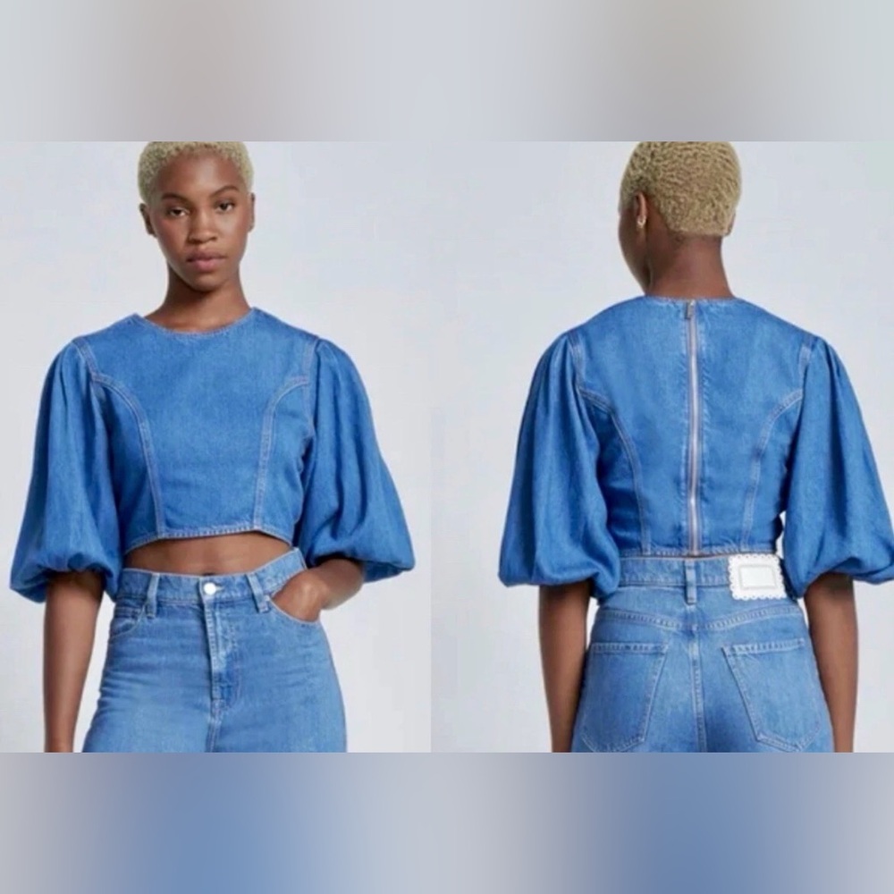 7 For All Mankind Blue Denim Puff-Sleeve Crop Top Fabulous fit